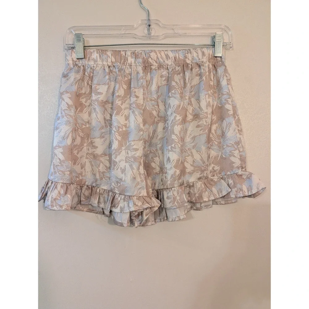 TCEC‎ Floral 2 Piece Set Womens Medium Blue Tan Peplum Top Ruffle Shorts CST1004